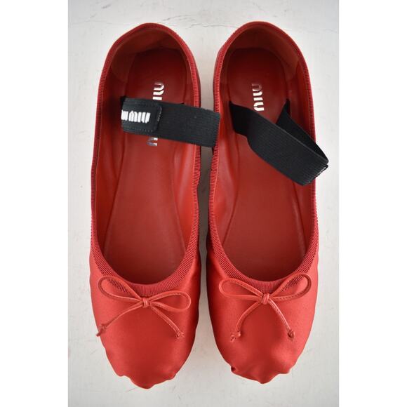 Miu Miu Satin Rosso Red Black White Logo Strap Bow Ballet Ballerina Flats 39 - Picture 12 of 16
